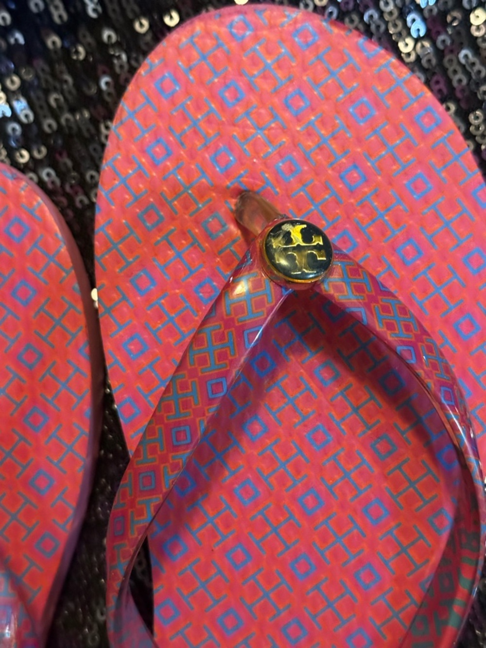 Tory Burch Pink and Blue Patterned Logo Flip Flops - Picture 7 of 14